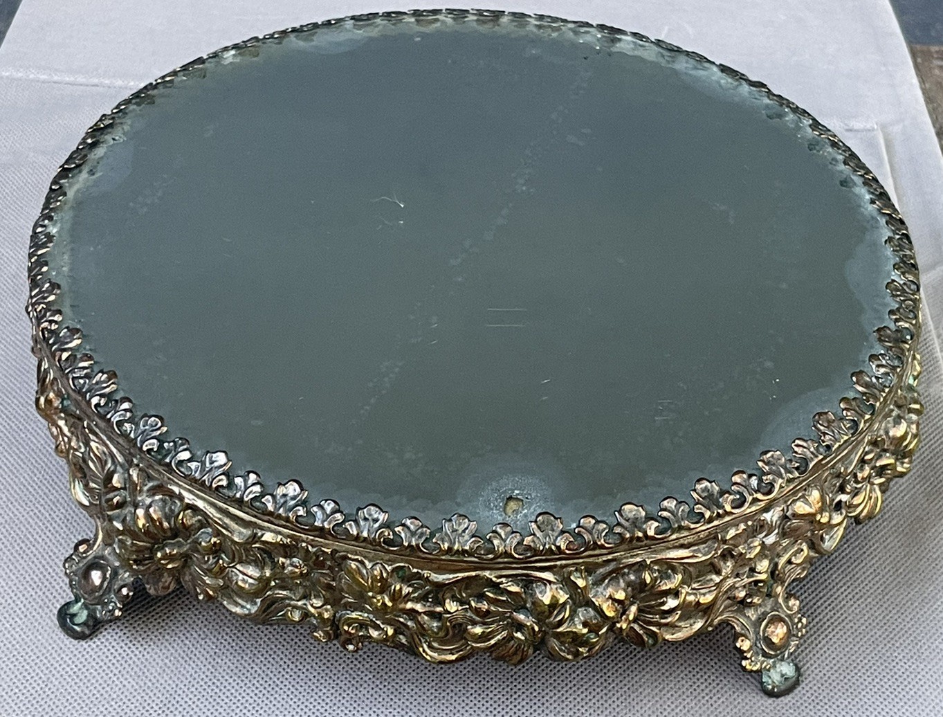 Antique Victorian Dresser Vanity Tray Mirror Brass Flowers Chunky Ornate Footed
