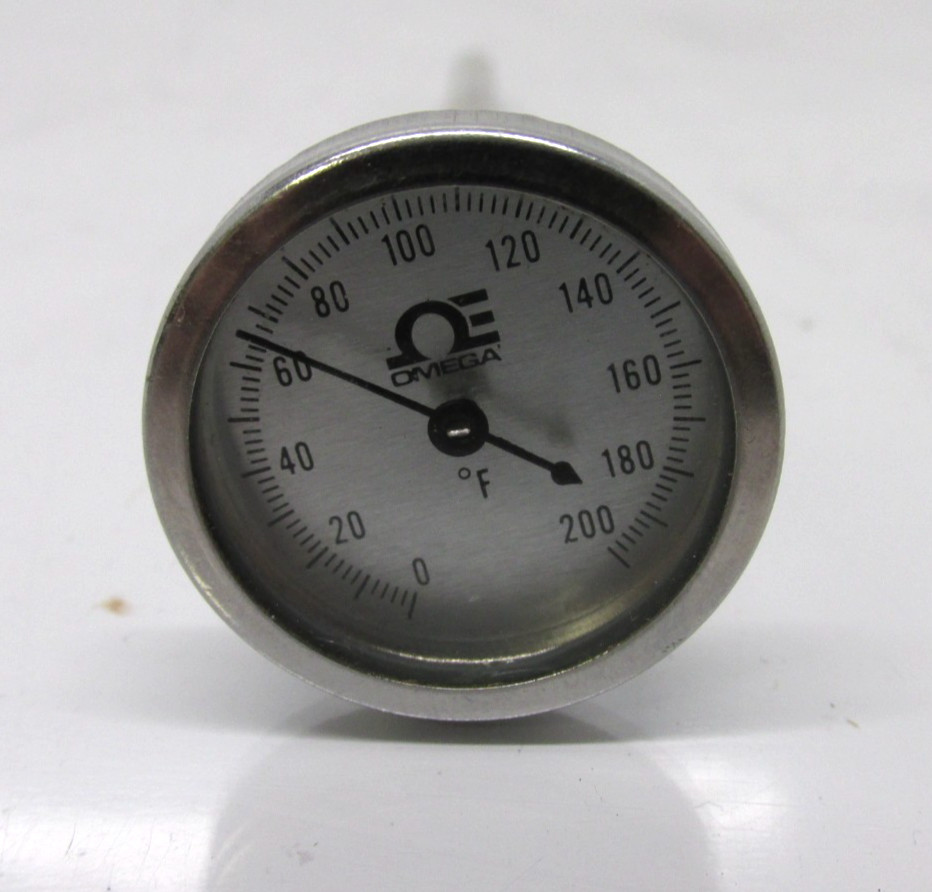 Omega Dial Temp Bi-Metal Thermometer 0-200°F 1" Dial 5" L ,BR.