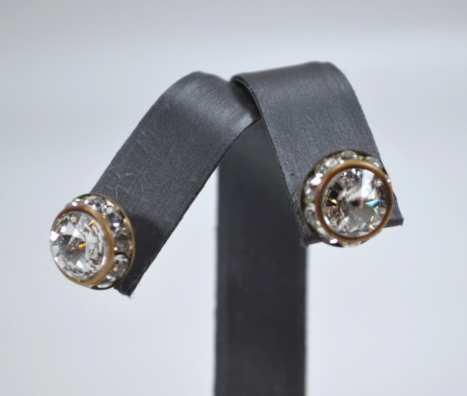 Silver Toned Metal Pierced Stud Earrings with Clear Rhinestones 1.5"
