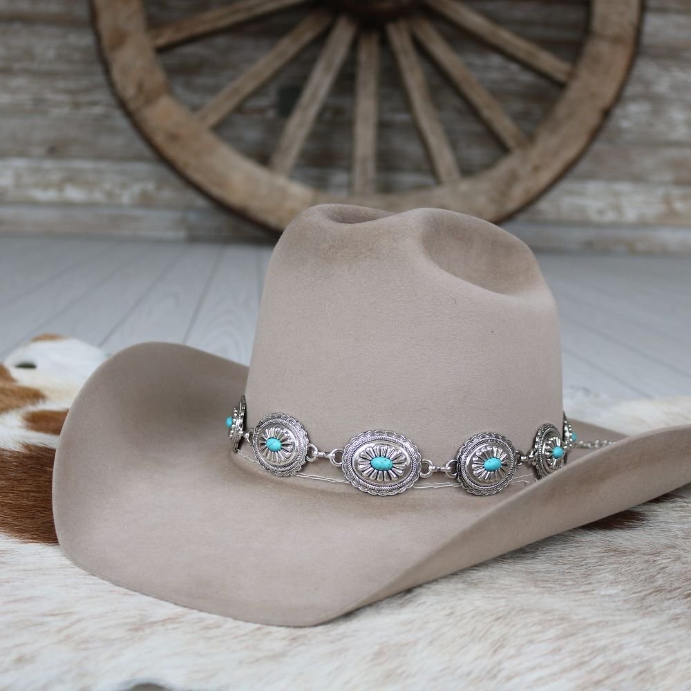 Silver Concho Hat Band Turquoise Stone for Cowboy Hats