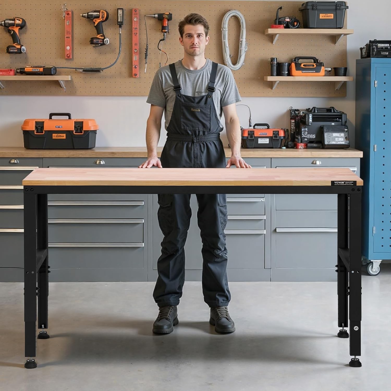 Robust Oak Wood Workbench - 2000 lbs Capacity with Adjustable Height Features