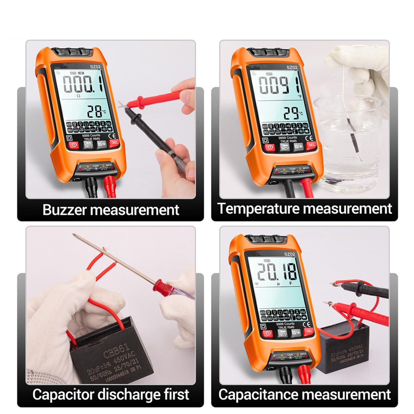 Digital Multimeter 9999 Counts True RMS Auto Electrical Capacitance Meter Temp,