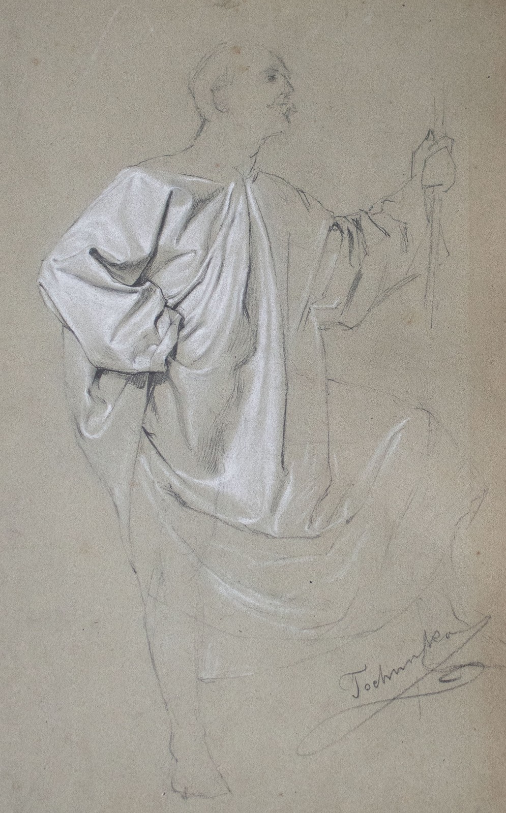 Robe study drawing white raised Josef Tschunko late 19th century signed