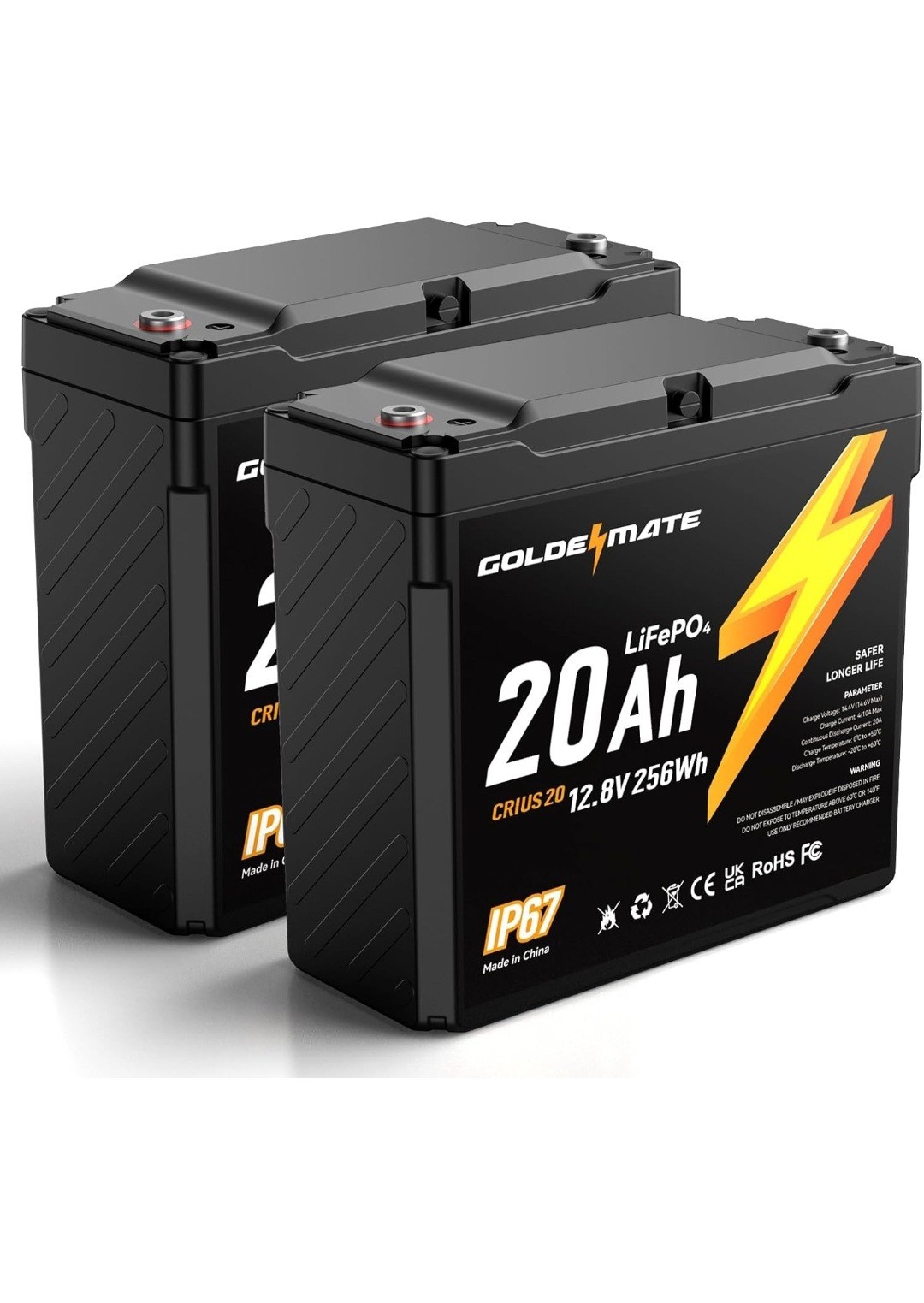 12.8V 20Ah LiFePO4 Battery(2 Packs), IP67 Waterproof, 12.8V Lithium Battery