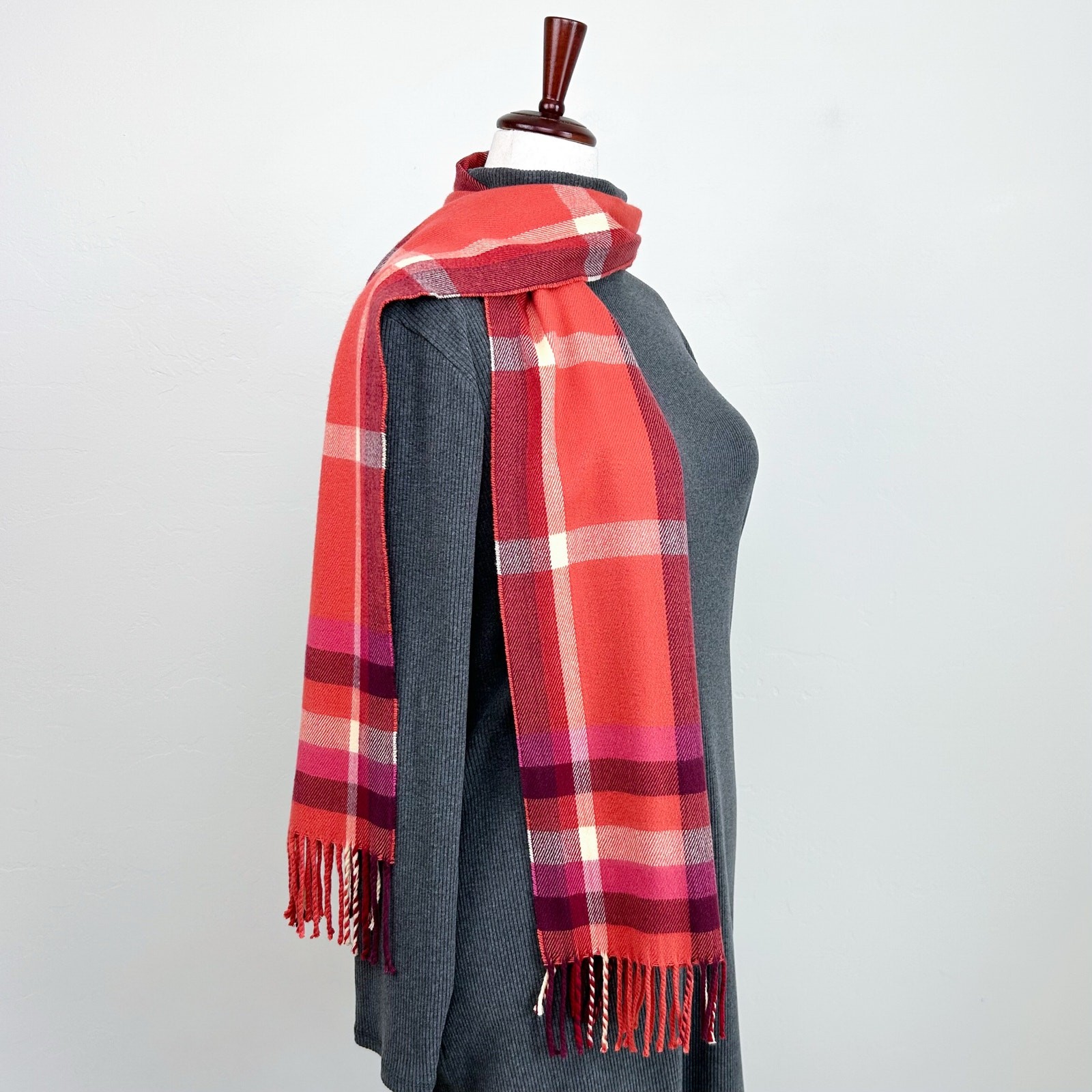 Women's Made in Scotland 100% Cashmere Orange Pink Autumn Plaid Fringe Scarf