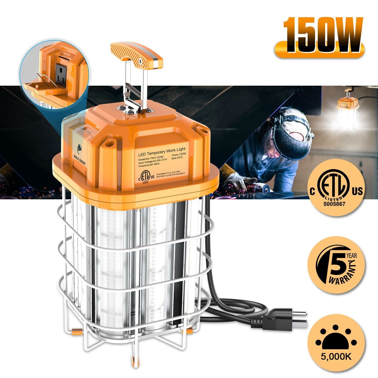 150W LED Temporary Work Light Linkable Construction Jobsite Lamp (Max Link 600W)
