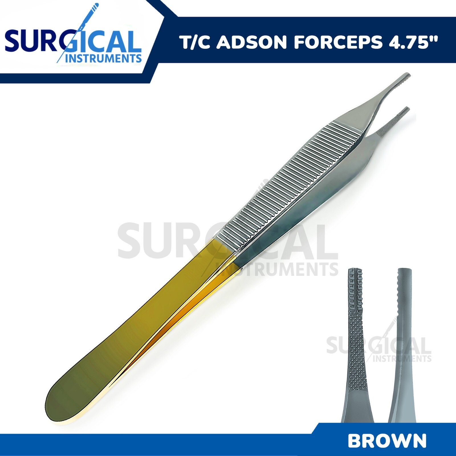 T/C Adson Brown Forceps 4.75" 9 x 9 Teeth Gold Grip Plastic Surgery German Grade