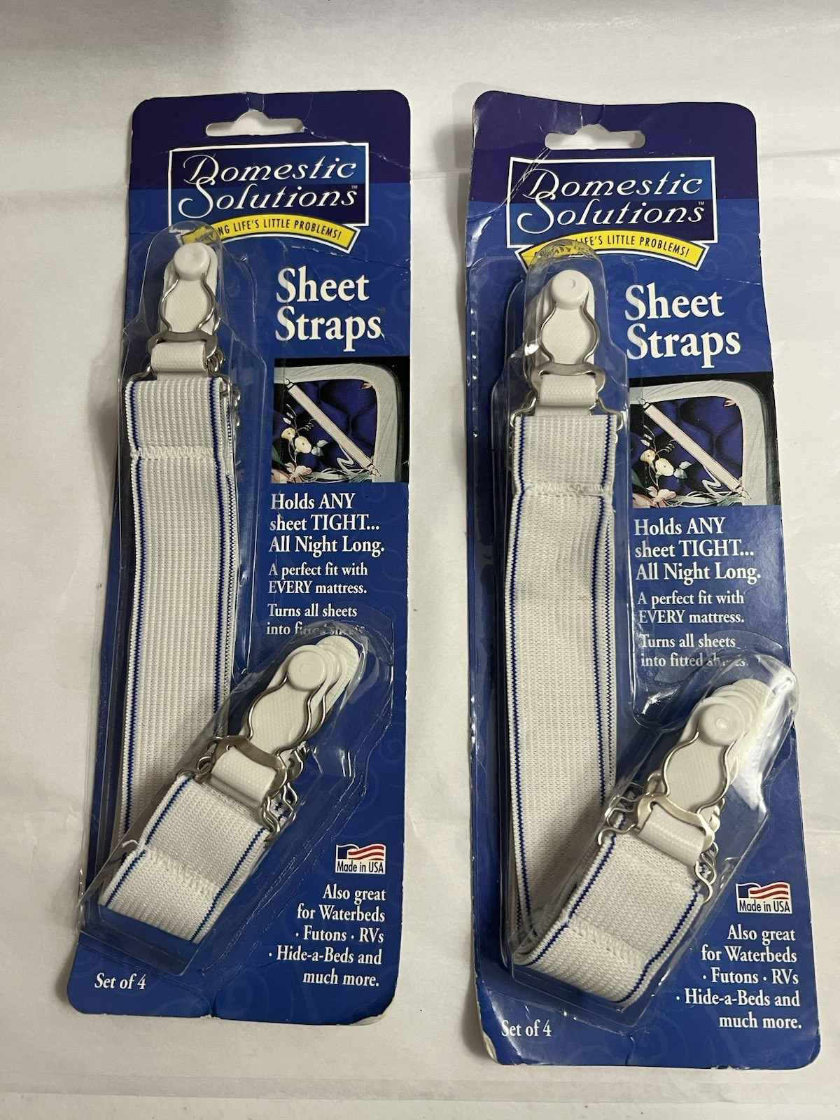 NEW Lot Of 2 Pkg. 4 Count Each Domestic Solutions Sheet Straps, Holds In Place