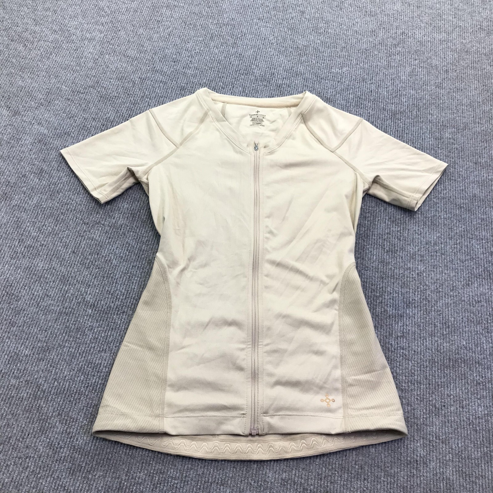 Tommie Copper Womens Back Support Compression Short Sleeve Top Medium Beige Zip