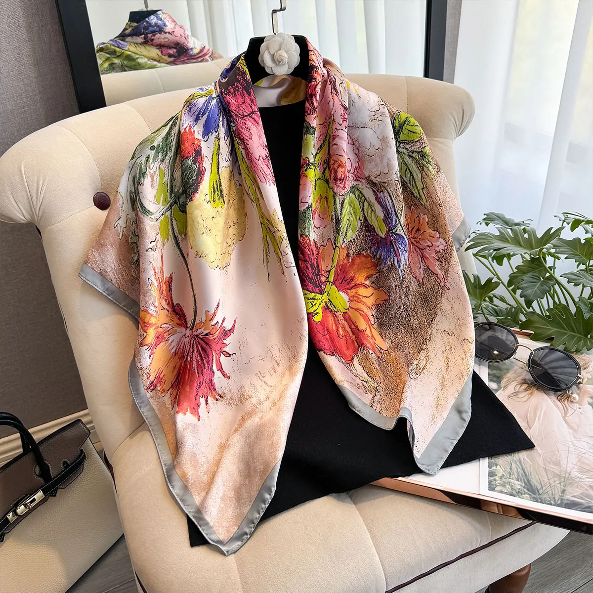 Spring and Summer Floral Design 90*90cm Women Scarf Sunscreen Foulard Shawl Hija