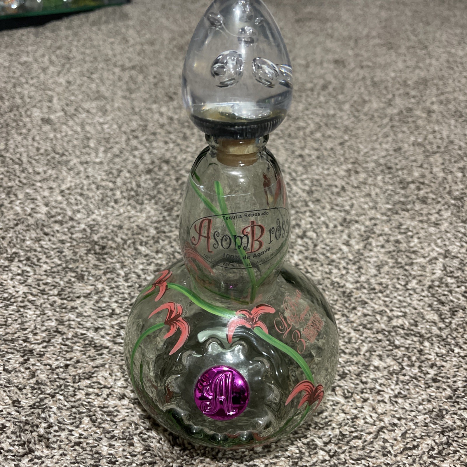 AsomBroso La Rosa Reposado Tequila  750ml EMPTY  10” Glass Bottle w/stopper