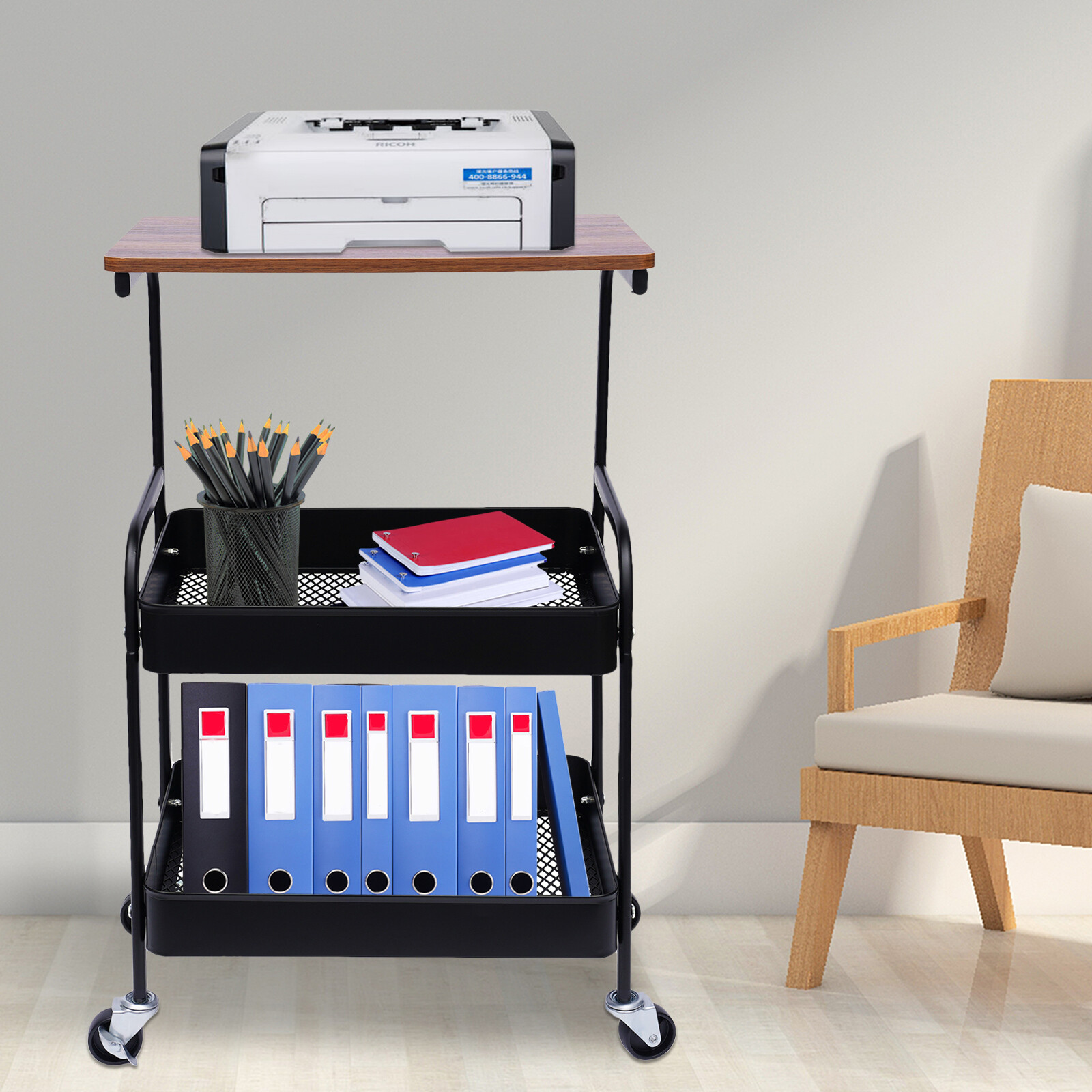 3 Tier Rolling Printer Stand With Wheels, Mobile Storage Cart