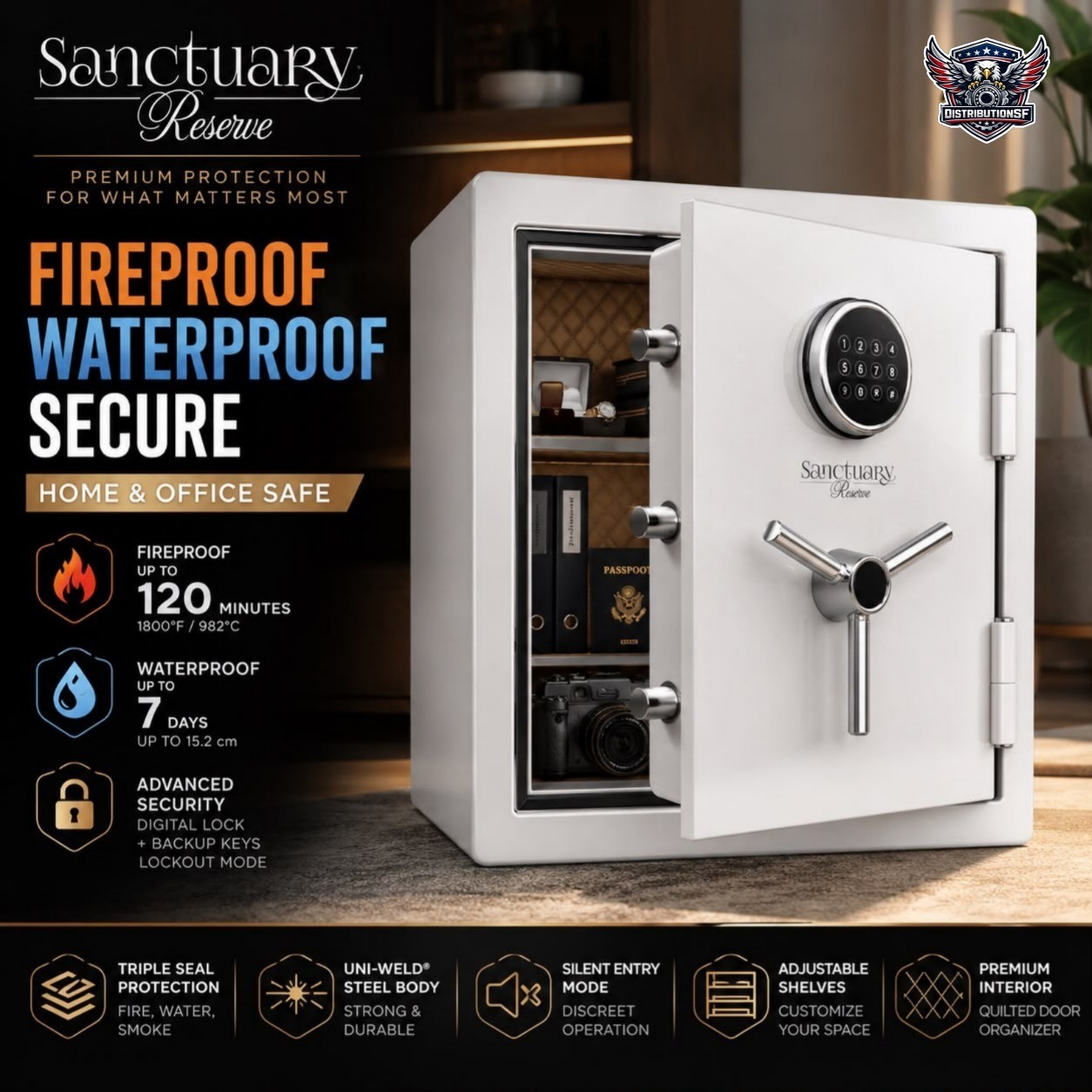 Sanctuary Reserve Fireproof Waterproof Home Office Safe Digital Lock White