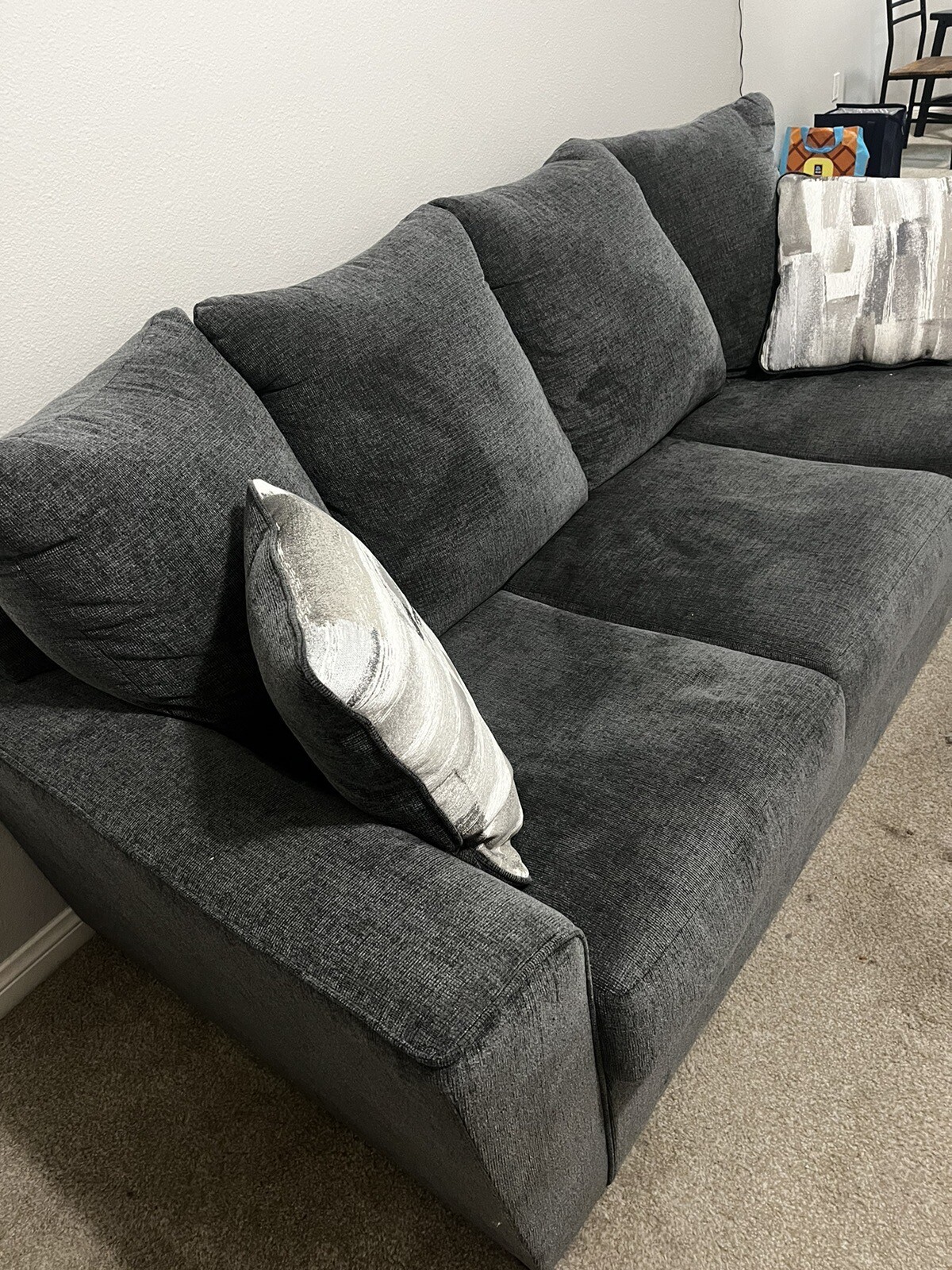couch, sofa, new, gray, Ashley, smoke-free, pillows, medium length