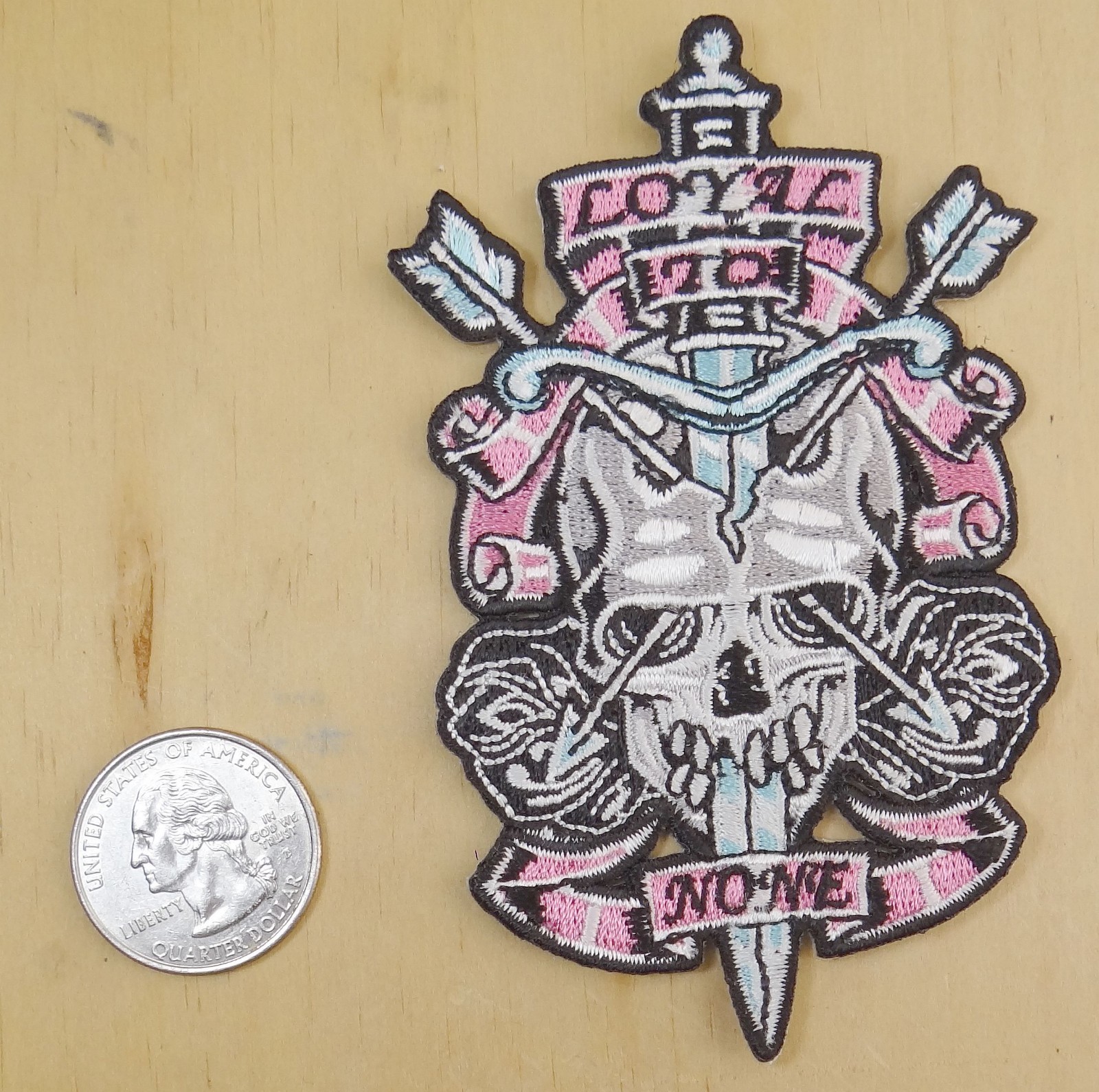 LOYAL TO NONE SKULL WITH DAGGER & ARROWS IRON-ON / SEW-ON PATCH 2 1/2 " X 4 "