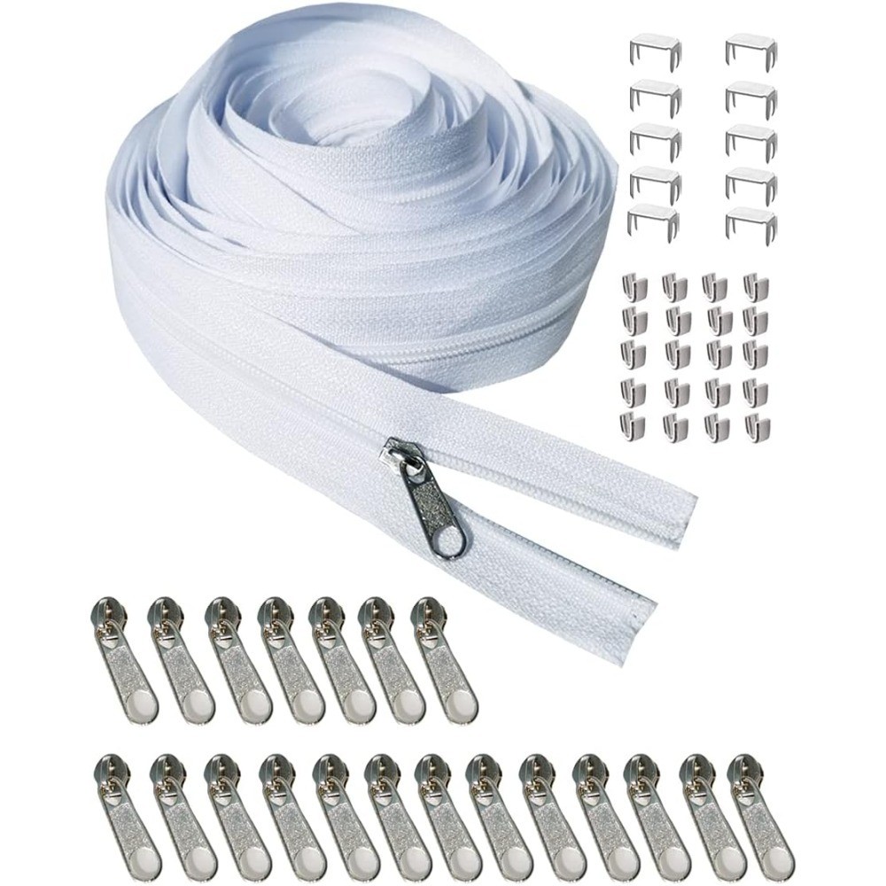 White Nylon Coil Zipper by The Yard Continuous Roll 10 Yards with 20 Sliders 30