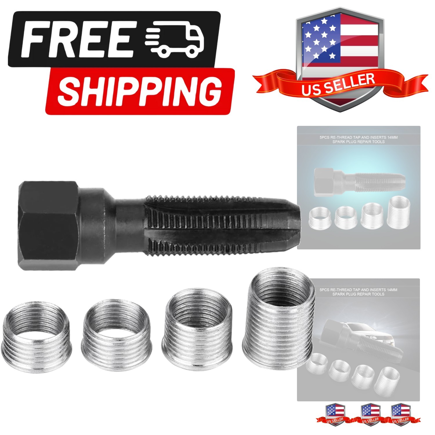 Spark Plug Thread Repair Kit, 5Pcs Carbon Steel Spark Plug Re-thread Tap Tool...