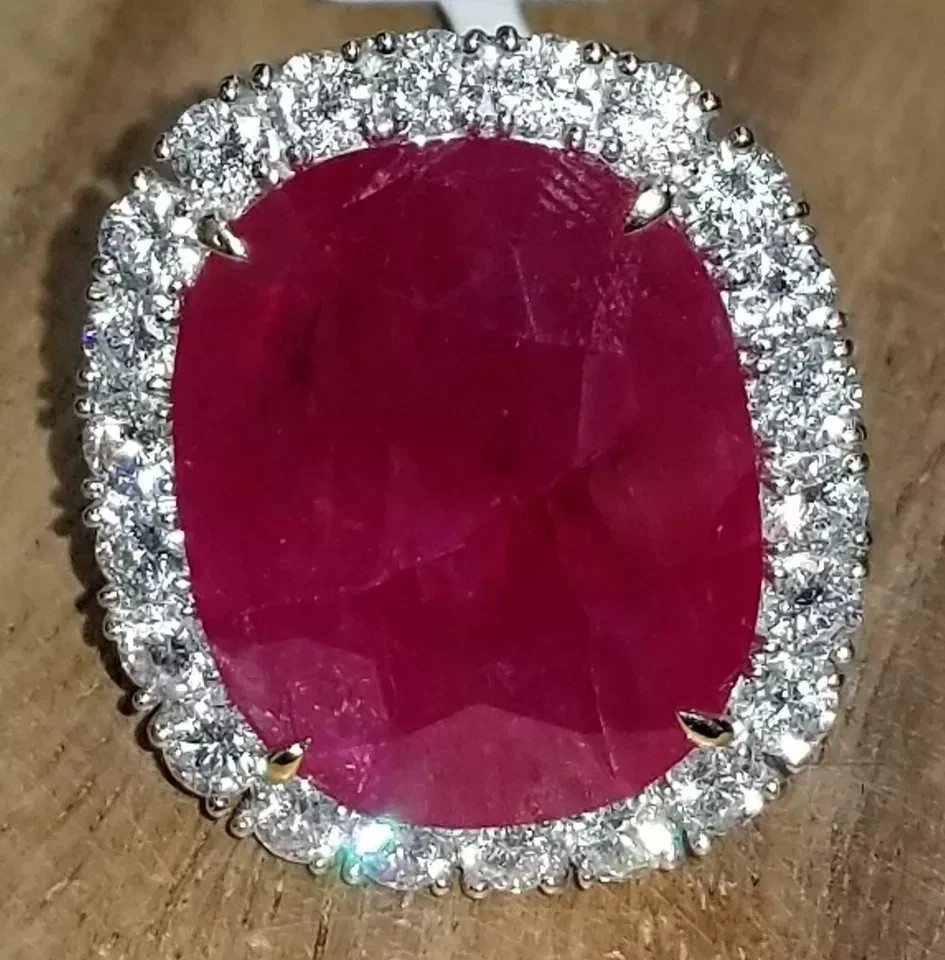 11.80 Ct Cushion Natural Ruby & Diamond Wedding Ring Sterling Silver