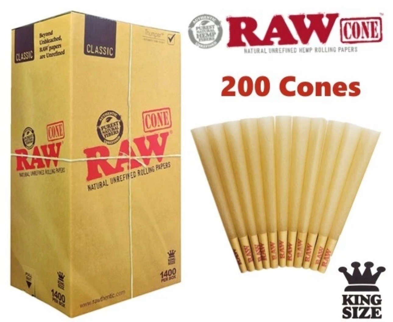 Authentic RAW Classic King Size W/Filter Tip Pre-Rolled Cones 200 Pack -Fast Shp