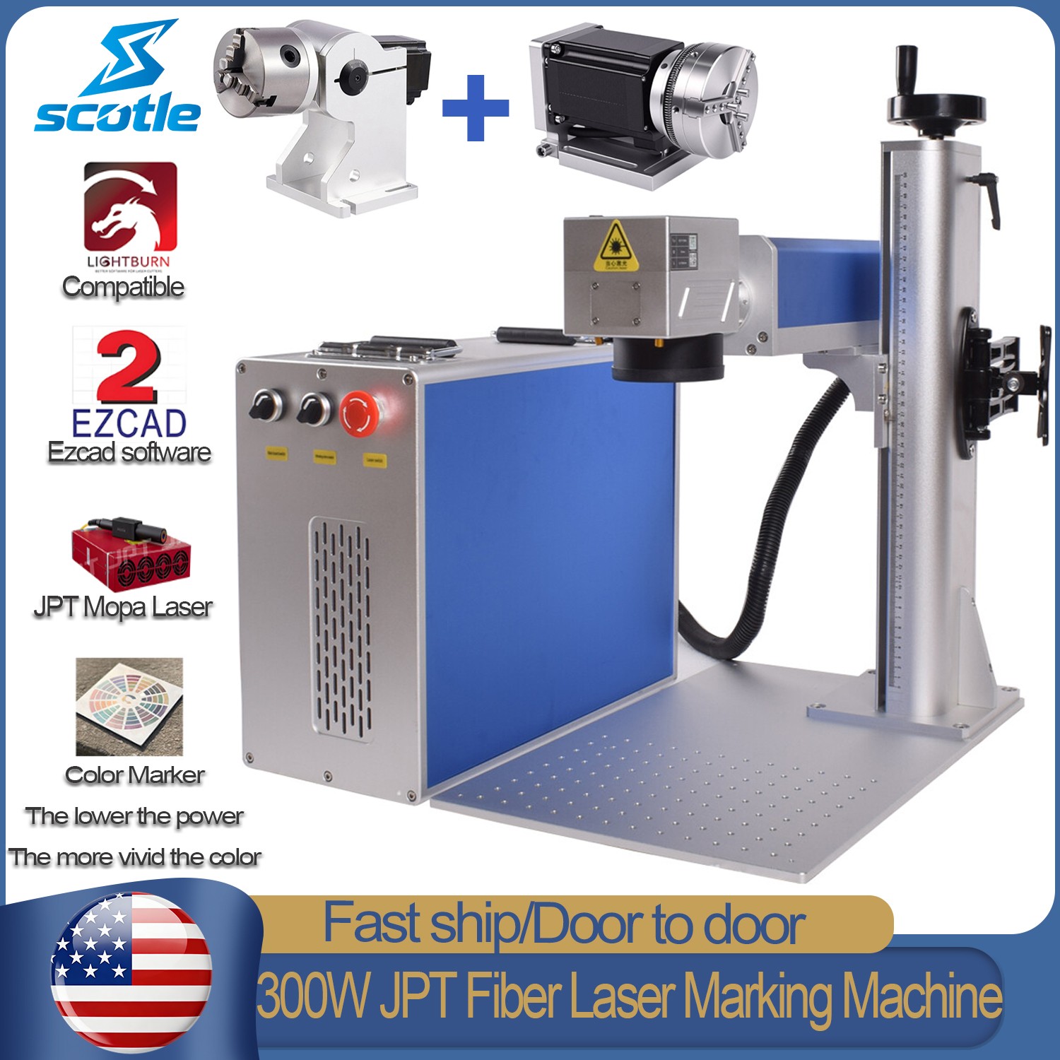 Sctole 300W JPT Mopa Fiber Laser Marking Machine Metal Engraver Marker&2xRotary