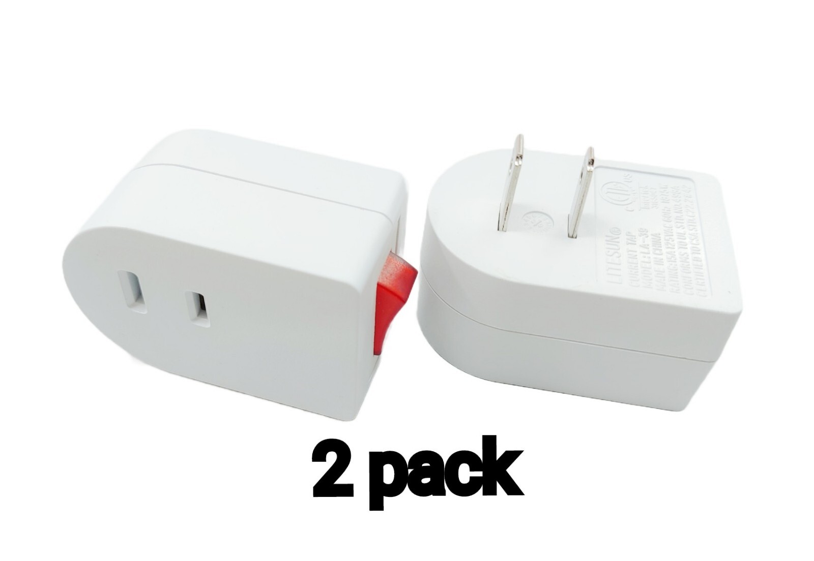 2 Pc 1 Port Wall Outlet 2 Prong AC Power Adapter Plug With On/off Switch