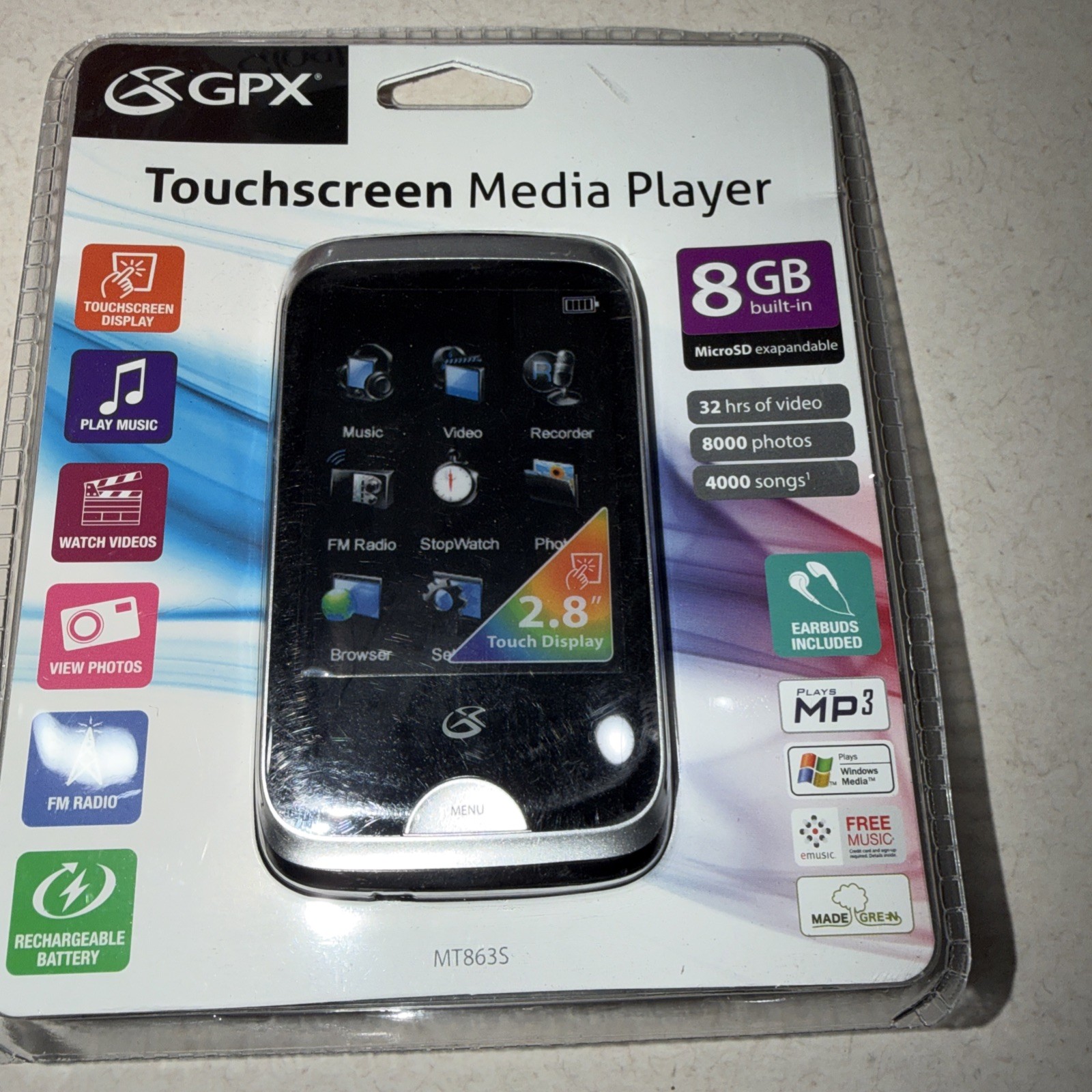 GPX MT863S 8GB 2.8" Digital Media Player Touchscreen Brand New Sealed