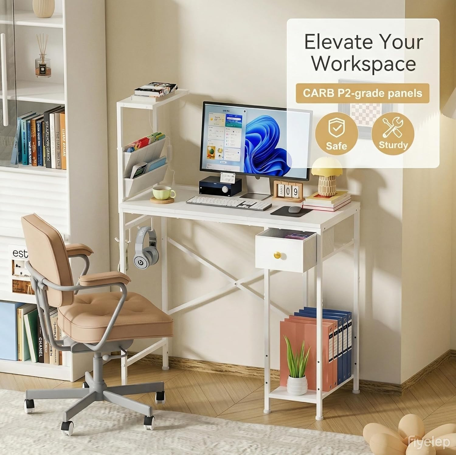 Compact 33.7" Computer Desk with Power Outlets, LED Lights & Storage Hooks