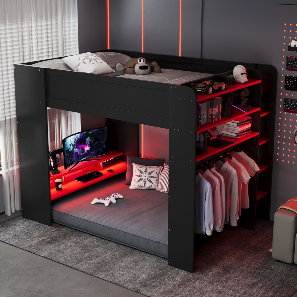 Full Size Bunk Bed with Desk, RGB Lights, Wardrobe, Storage for Gaming Setup