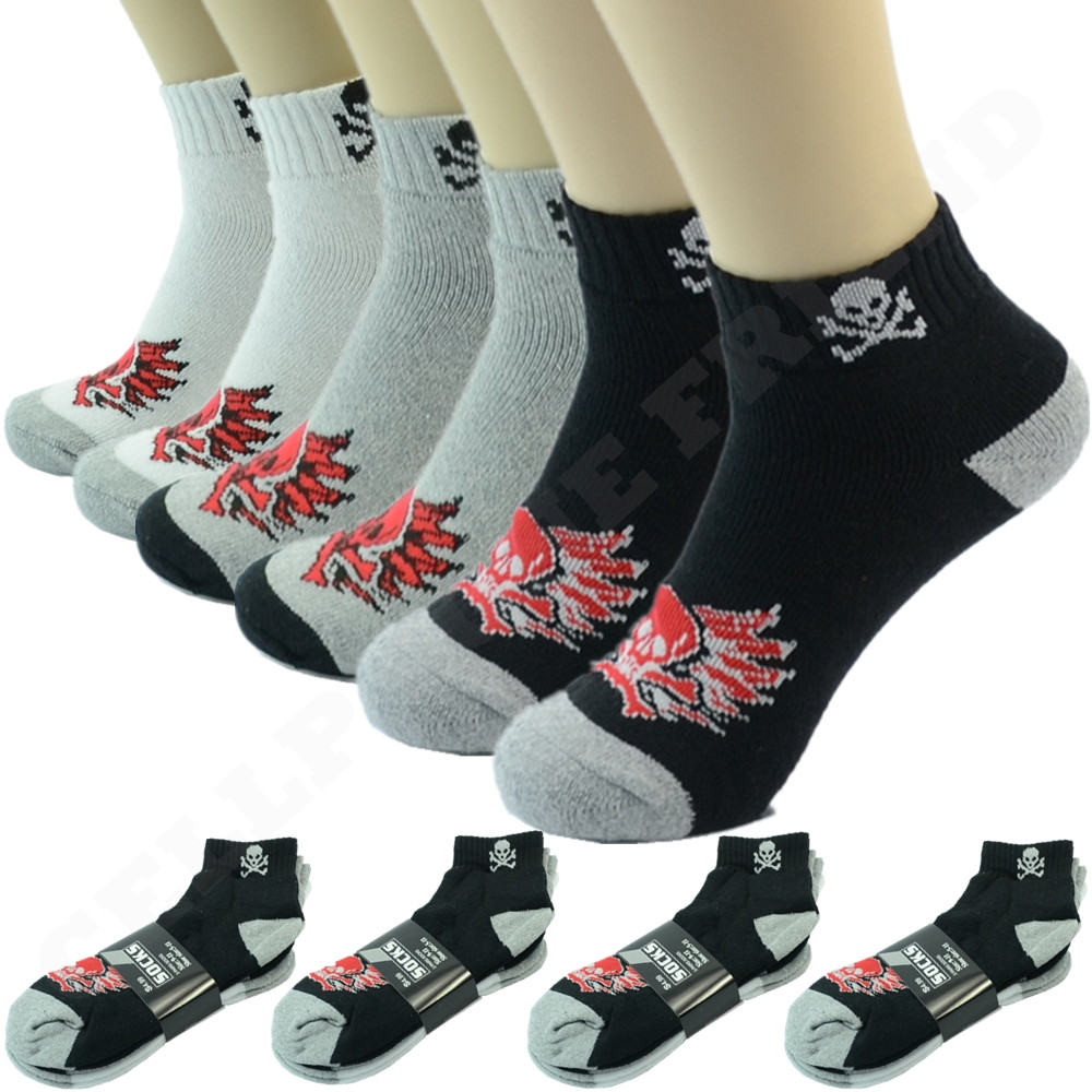 Burning Skull Men Ankle Quarter Crew Sports Socks Cotton Low Cut Size 9-13