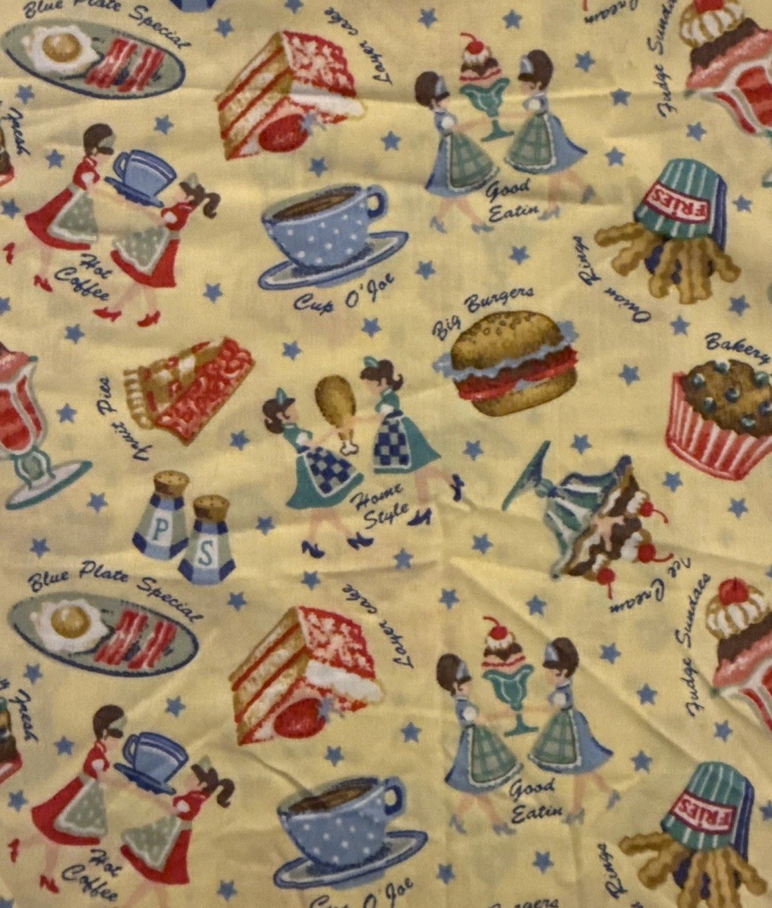 Vtg 1993 Kessler Concord Fabric Diner Food Pie Coffee Waitress Burger 44” BTY