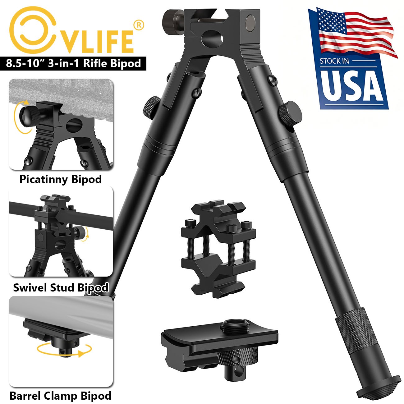 3-in-1 Rifle Bipod 8.5-10" Picatinny Bipod w/ Swivel Stud & Barrel Clamp Adapter