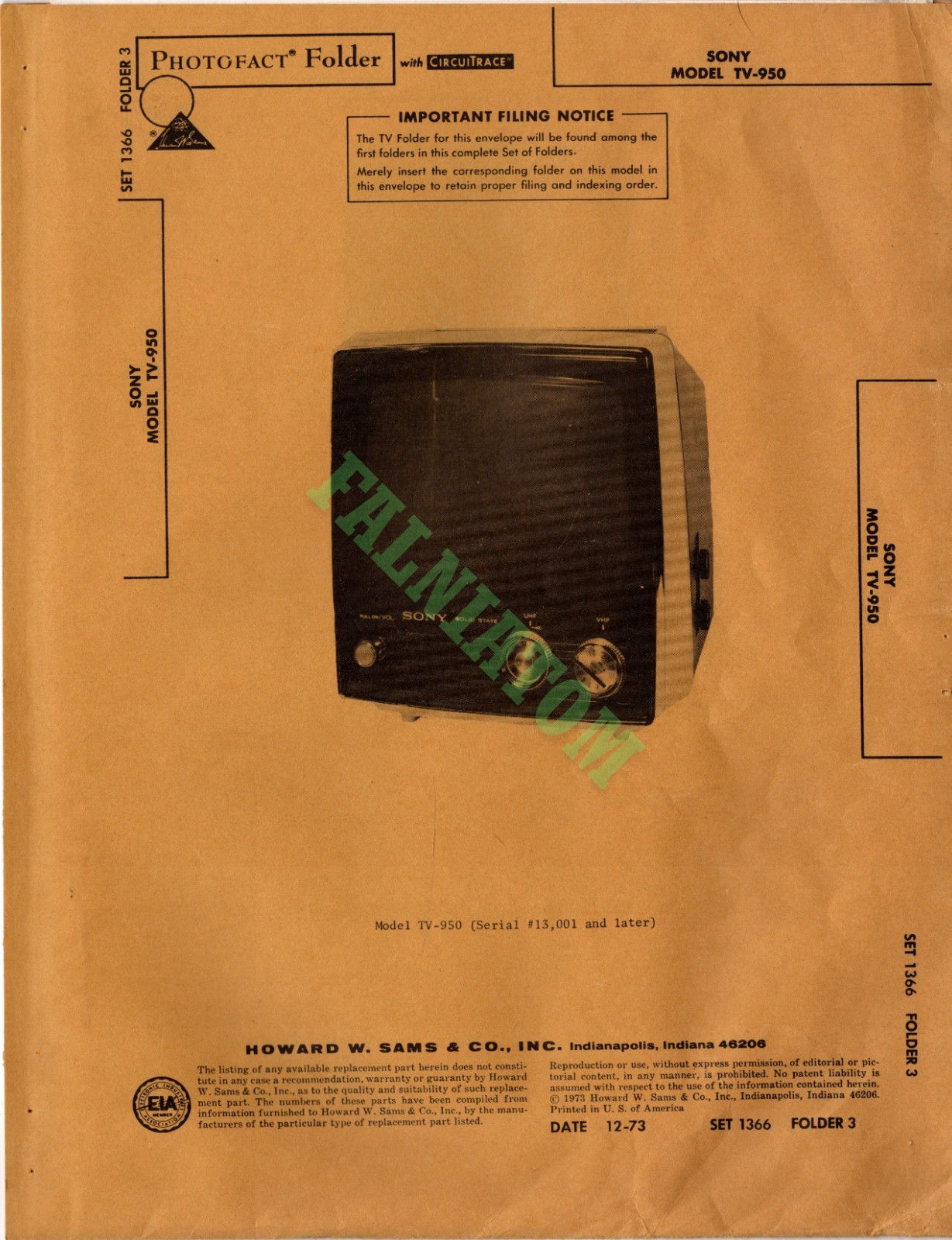 PhotoFact - Set 1366 - Folder 3 - SONY Model TV-950 - 20 Pages