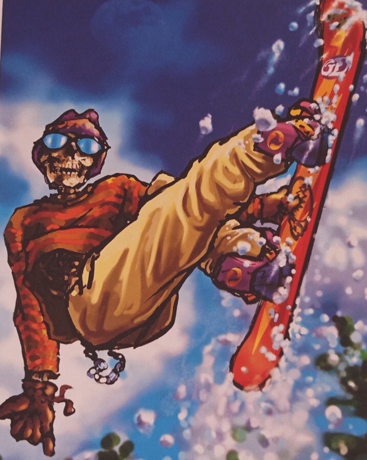 UNUSED Vintage Christmas note card, Grateful Dead skeleton snowboarding, 6 3/4"