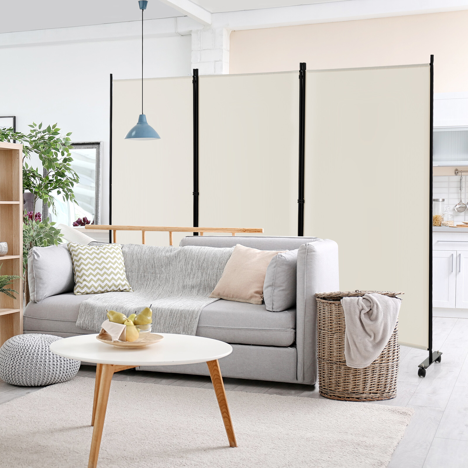 3-Panel Folding Room Divider 6Ft Rolling Privacy Screen w/Lockable Wheels White