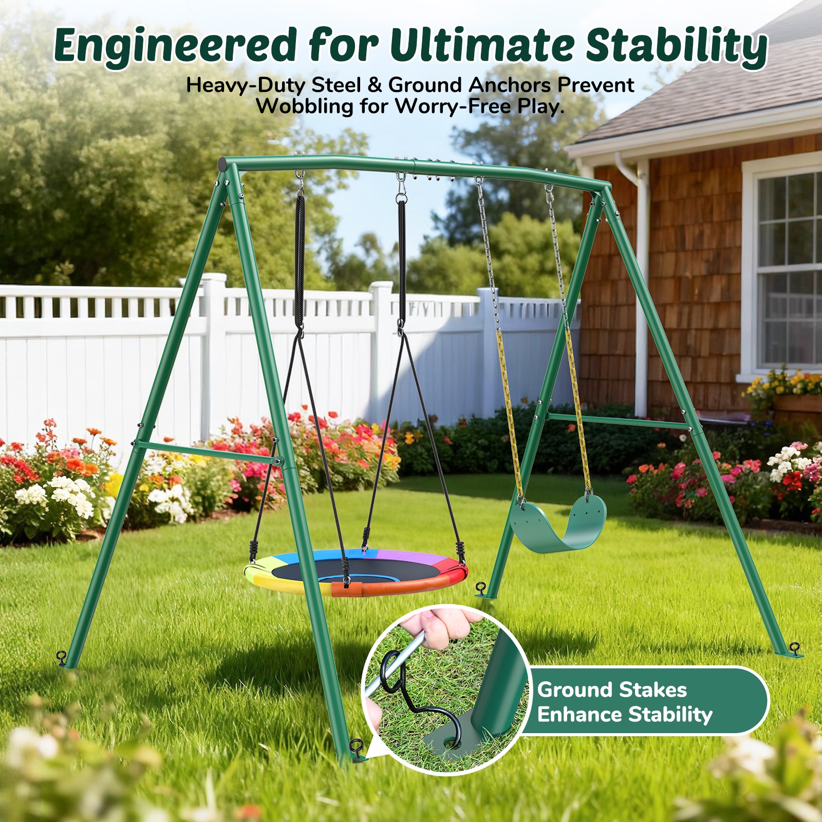 Trekassy 440lbs 2 Seat Metal Swing Set with Heavy Duty A-Frame Metal Swing Stand