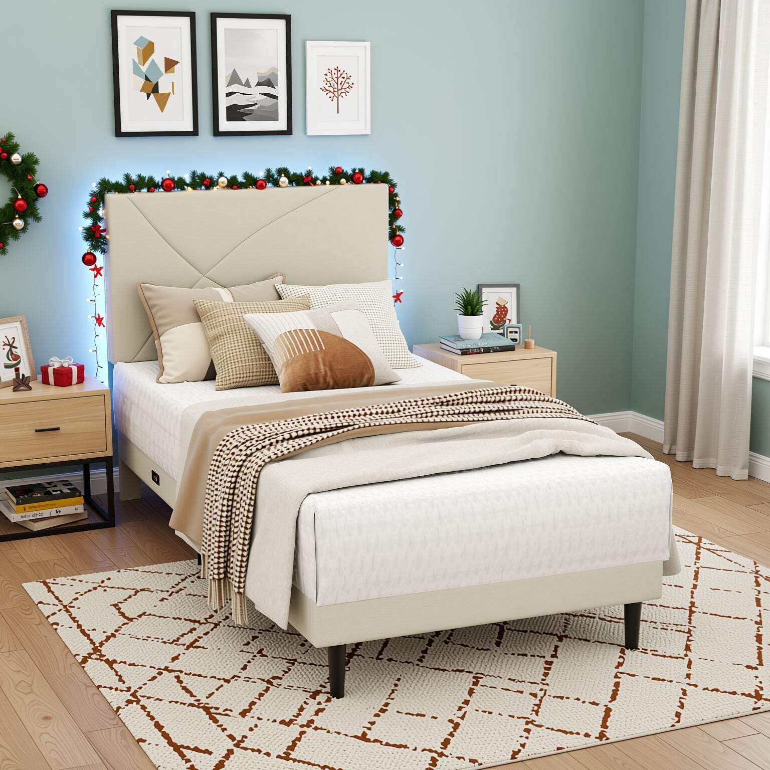 Homy Casa Foothill Single Bed Frame Modern Upholstered with LED Headboard
