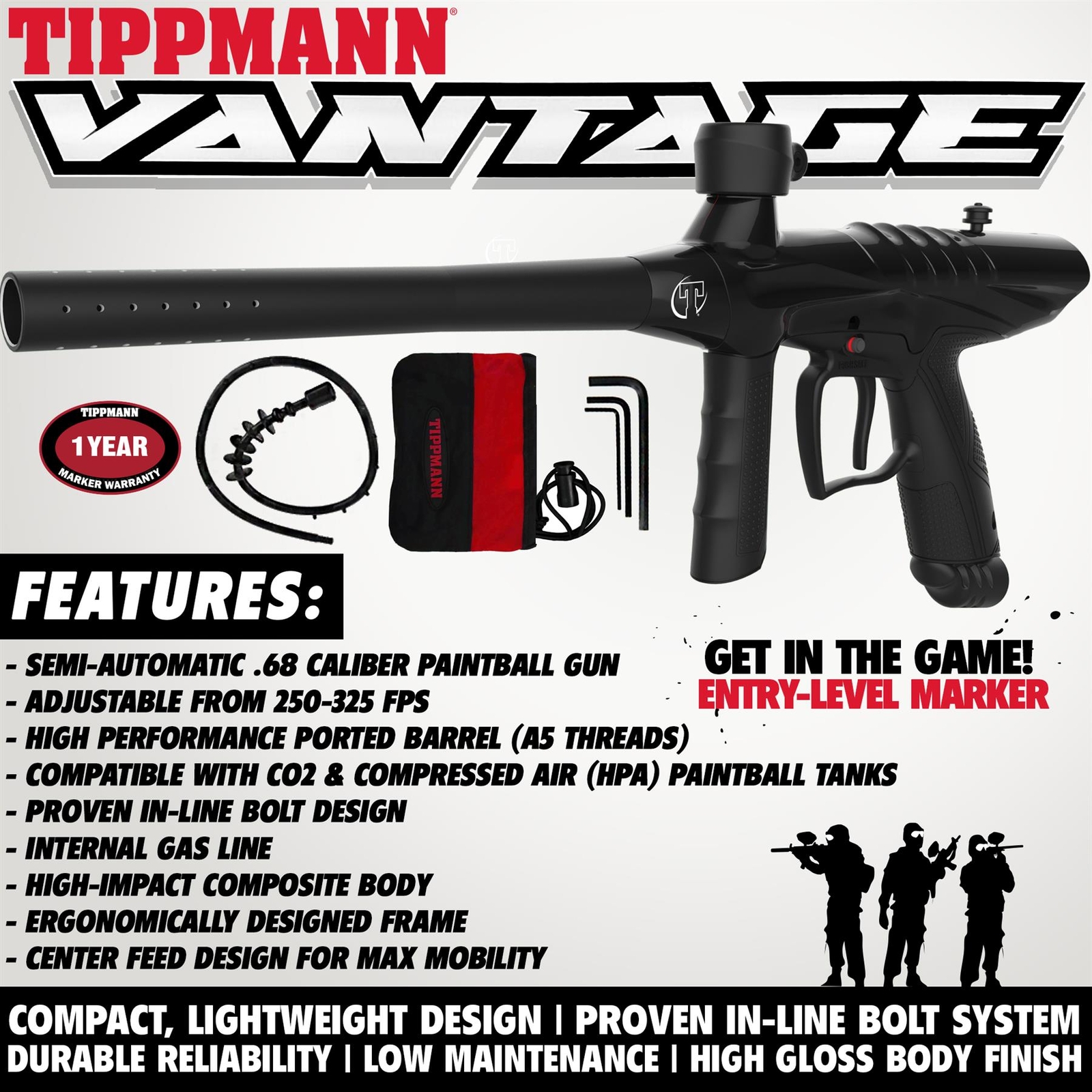 Maddog Tippmann Vantage Silver CO2 Paintball Gun Marker Starter Package