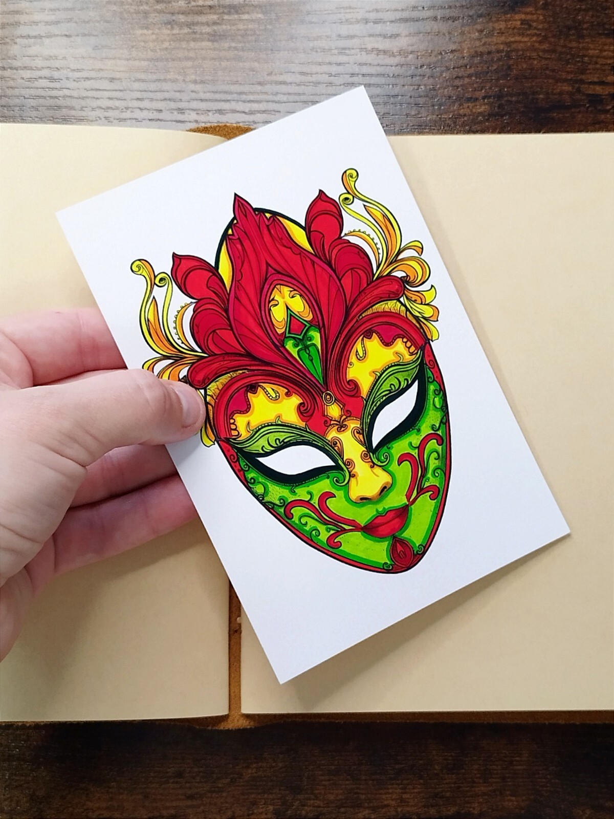 Carnival Mask Drawing Unframed Hand-Colored
