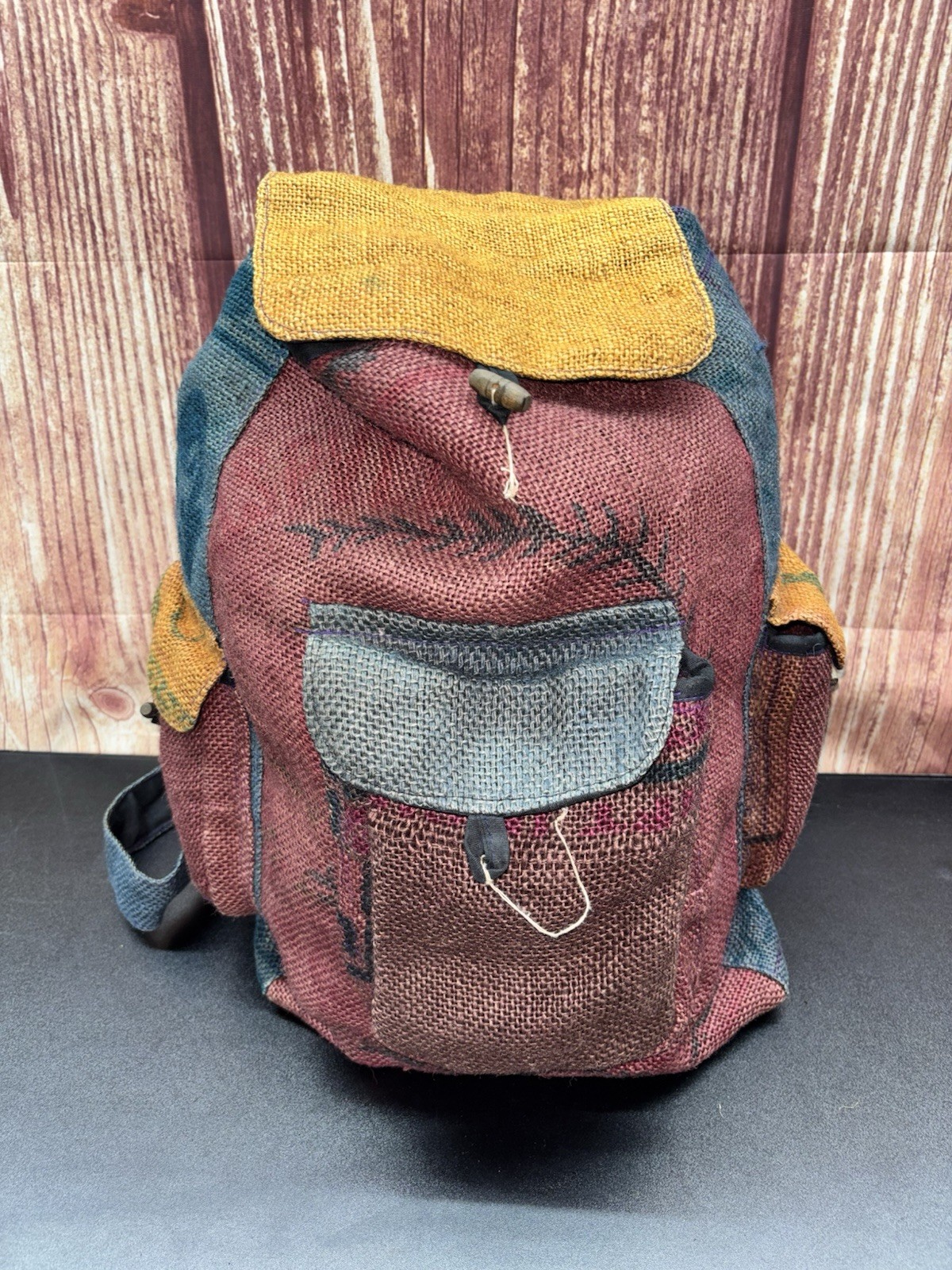 Recycled Jute Rice Bag Bohemian Hippie Backpack Hand Made Nepal Blue Red Yellow