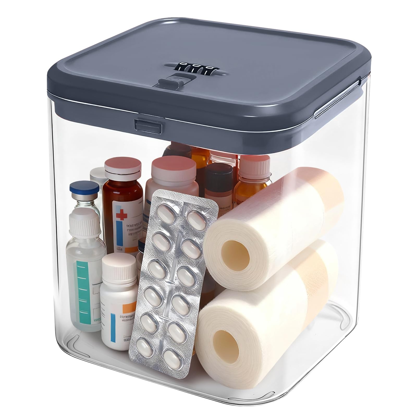 Small Lock Box for Safe Medication,Clear 5.5 x x 6.1 inches, Grey Lid