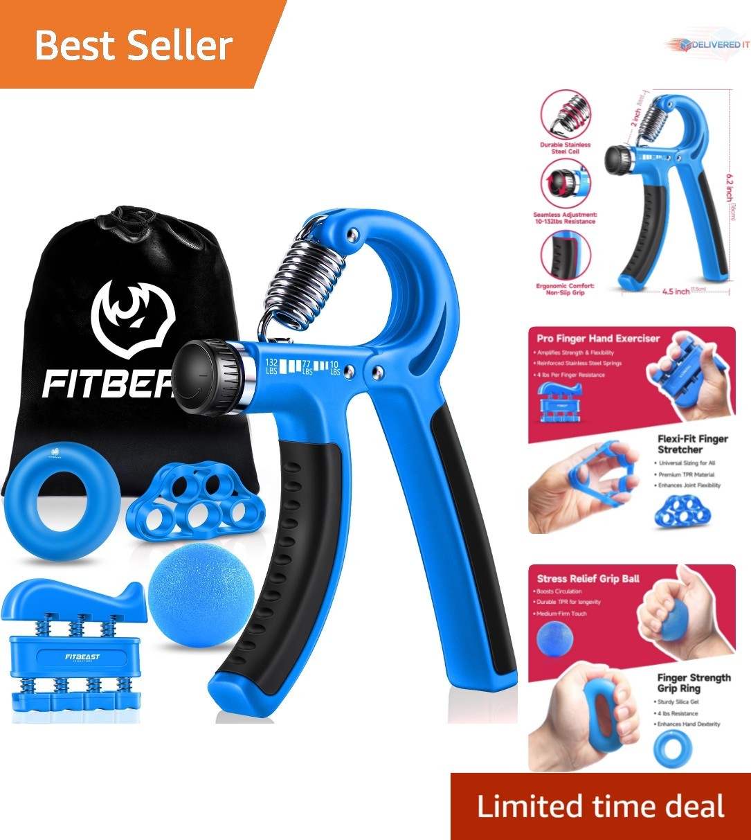 Hand Grip Strengthener Kit Adjustable Resistance 10-132lbs Fitness Therapy