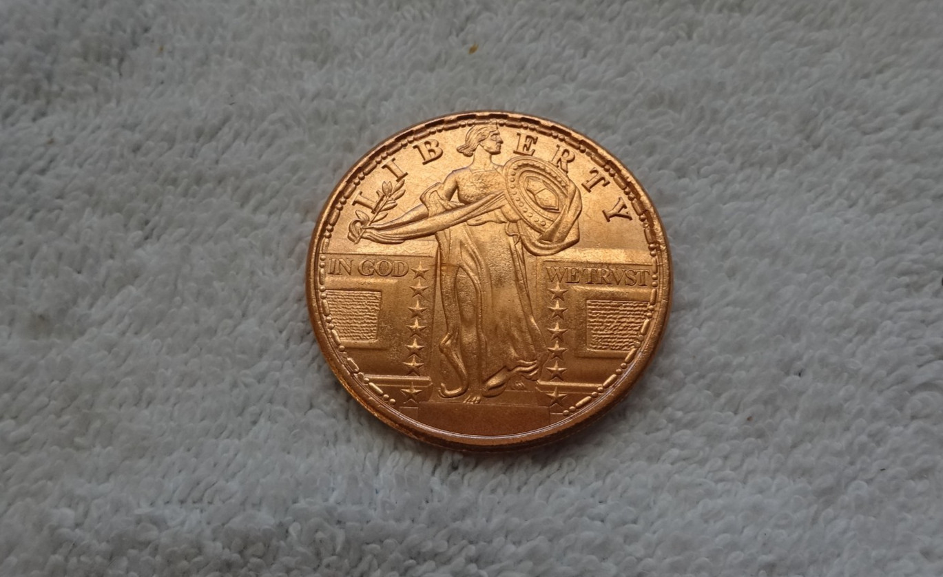 COIN - STANDING LIBERTY- SOLID COPPER- 1 1/2",  1 OZ, NEW UNCIR CONDITION