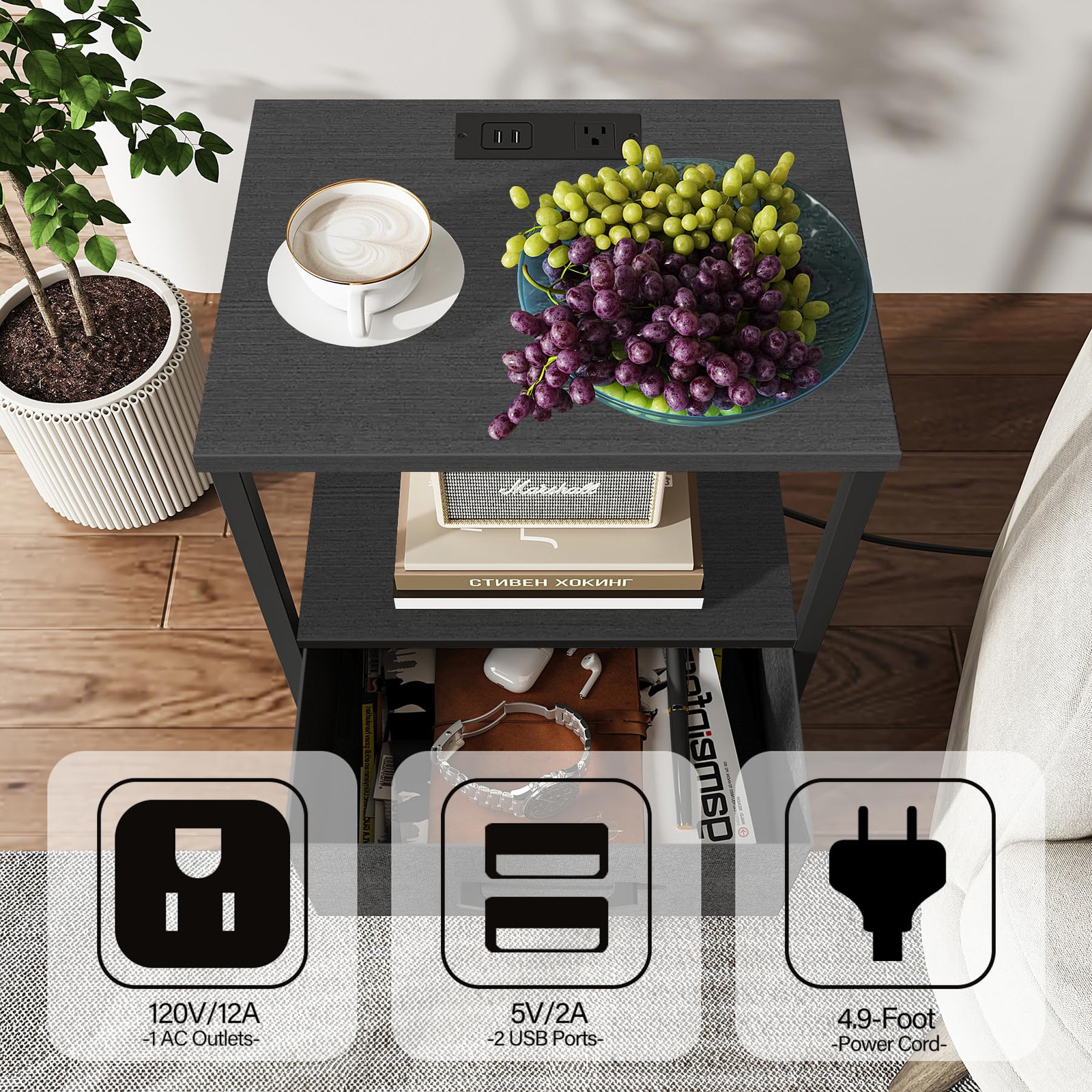 End Table with Charging Station, Side Table with 2 USB Ports and Outlets, Nig...