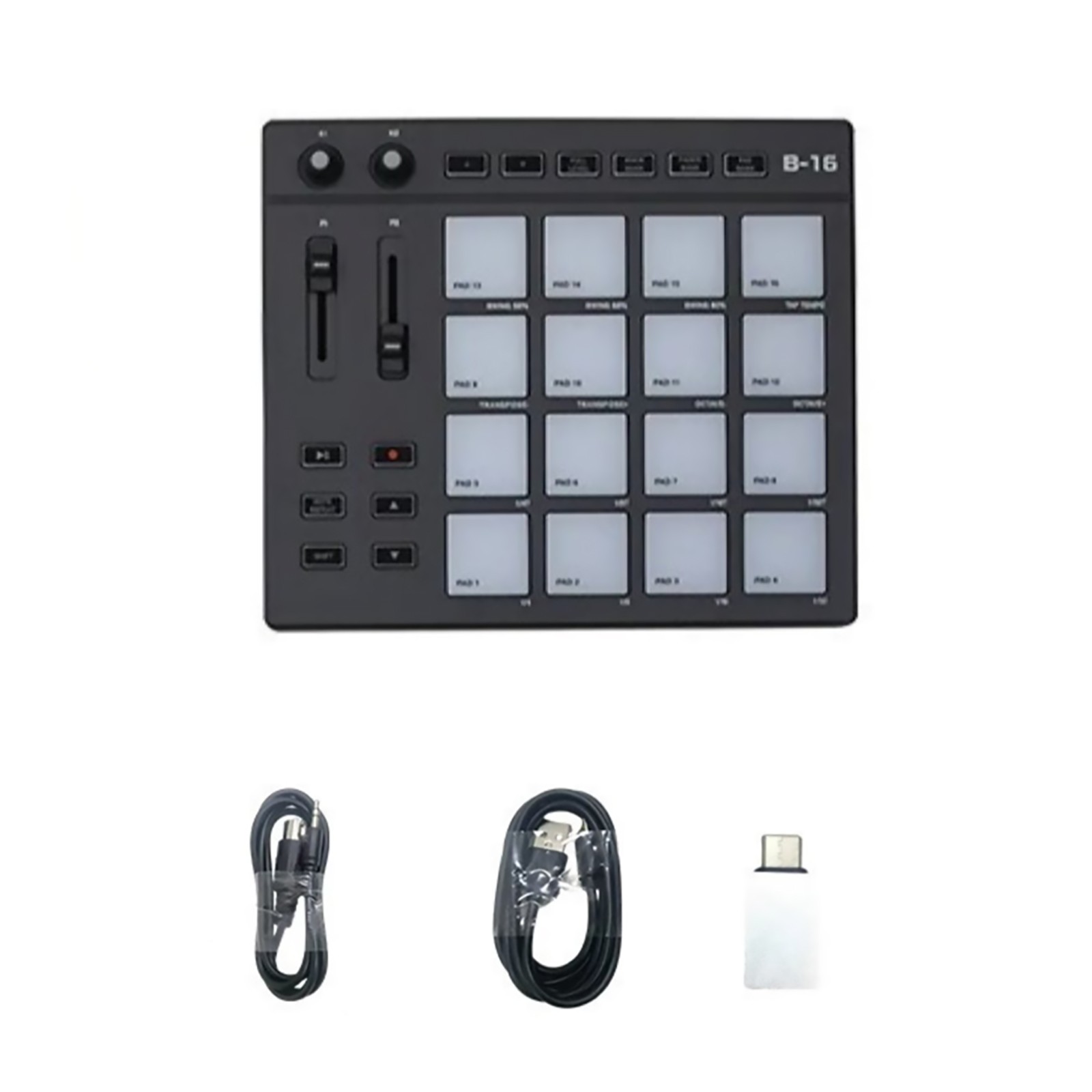 Protable USB MIDI Controller Beat Maker 16 Beat Pads 2 Fader Knobs Drum Machine
