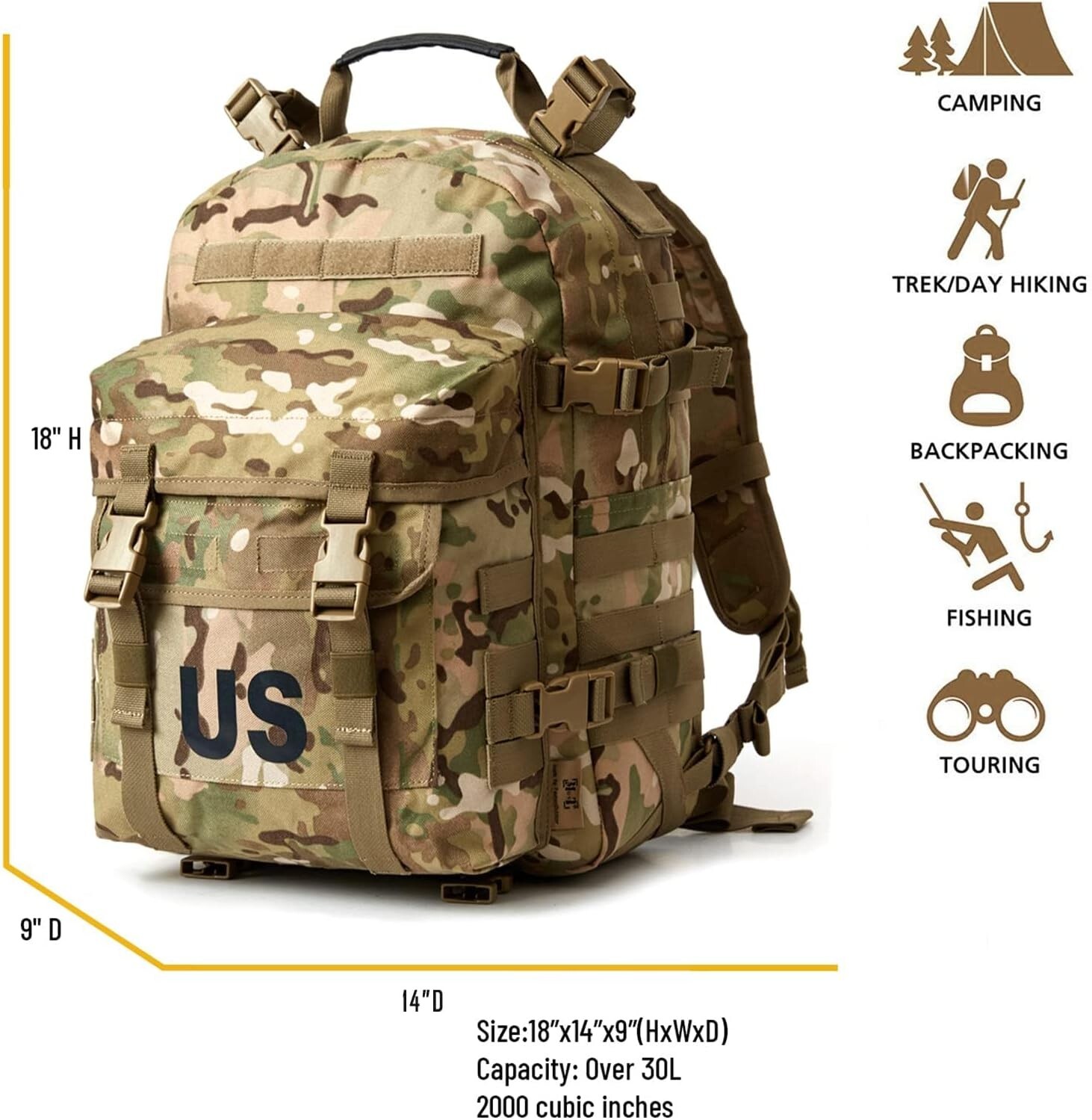 Military MOLLE 2 Tactical Assault Backpack, Rifleman 3 Day Pack, Multicam