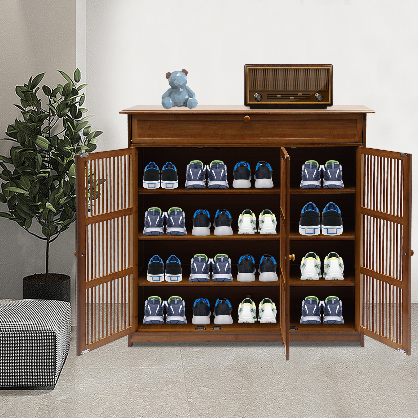 39" Bamboo Shoe Cabinet with Drawer 3-Doors Shoe Cabinet High Heels Storage Rack