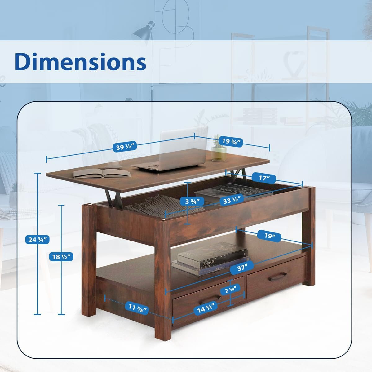2 Drawer Lift Top Coffee Table with Hidden Compartment & Storage Shelves Rustic