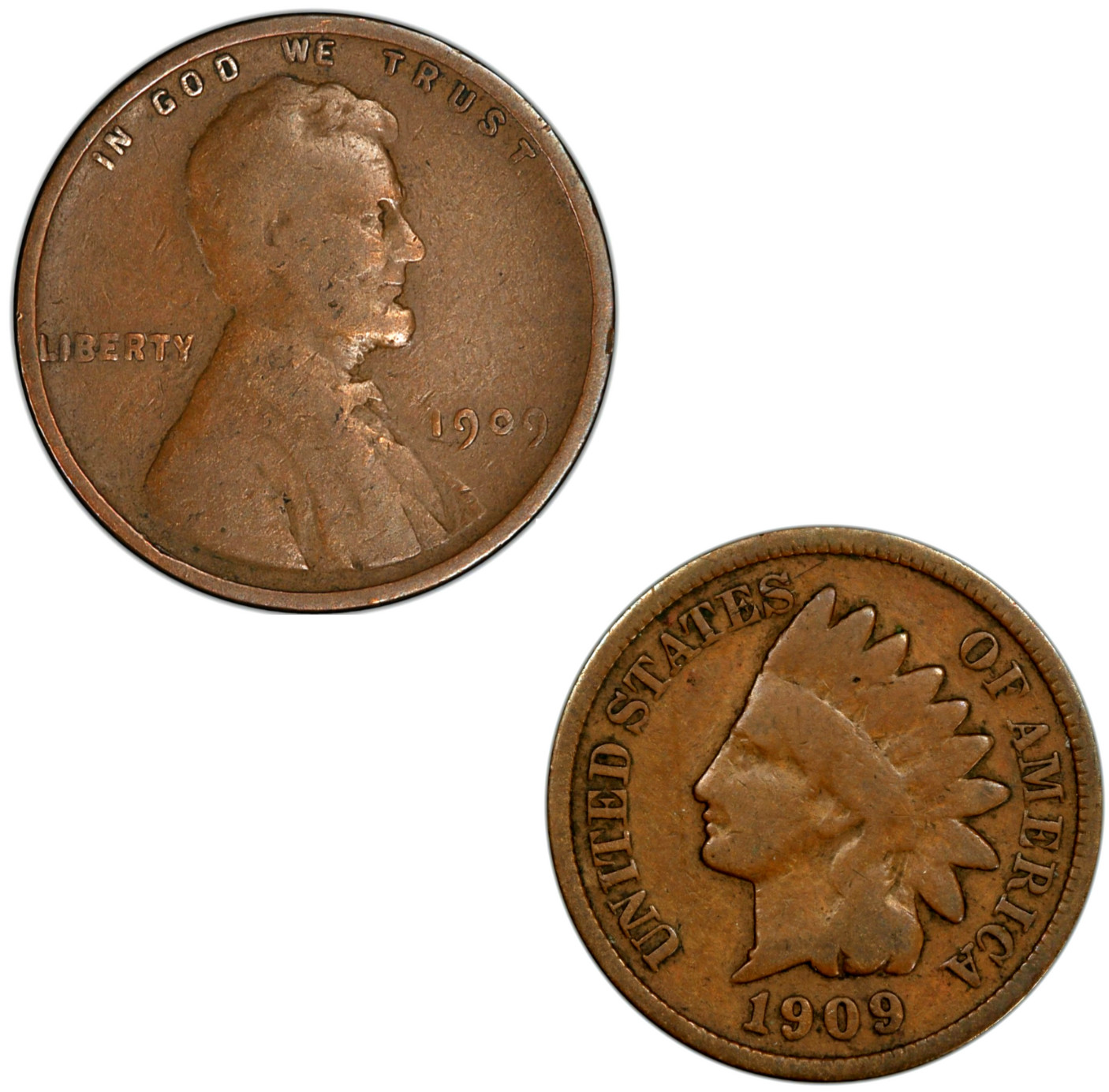 ✅ 1909 First & Last 2 Coins - Lincoln Wheat & Indian Head G-F Average Circulated