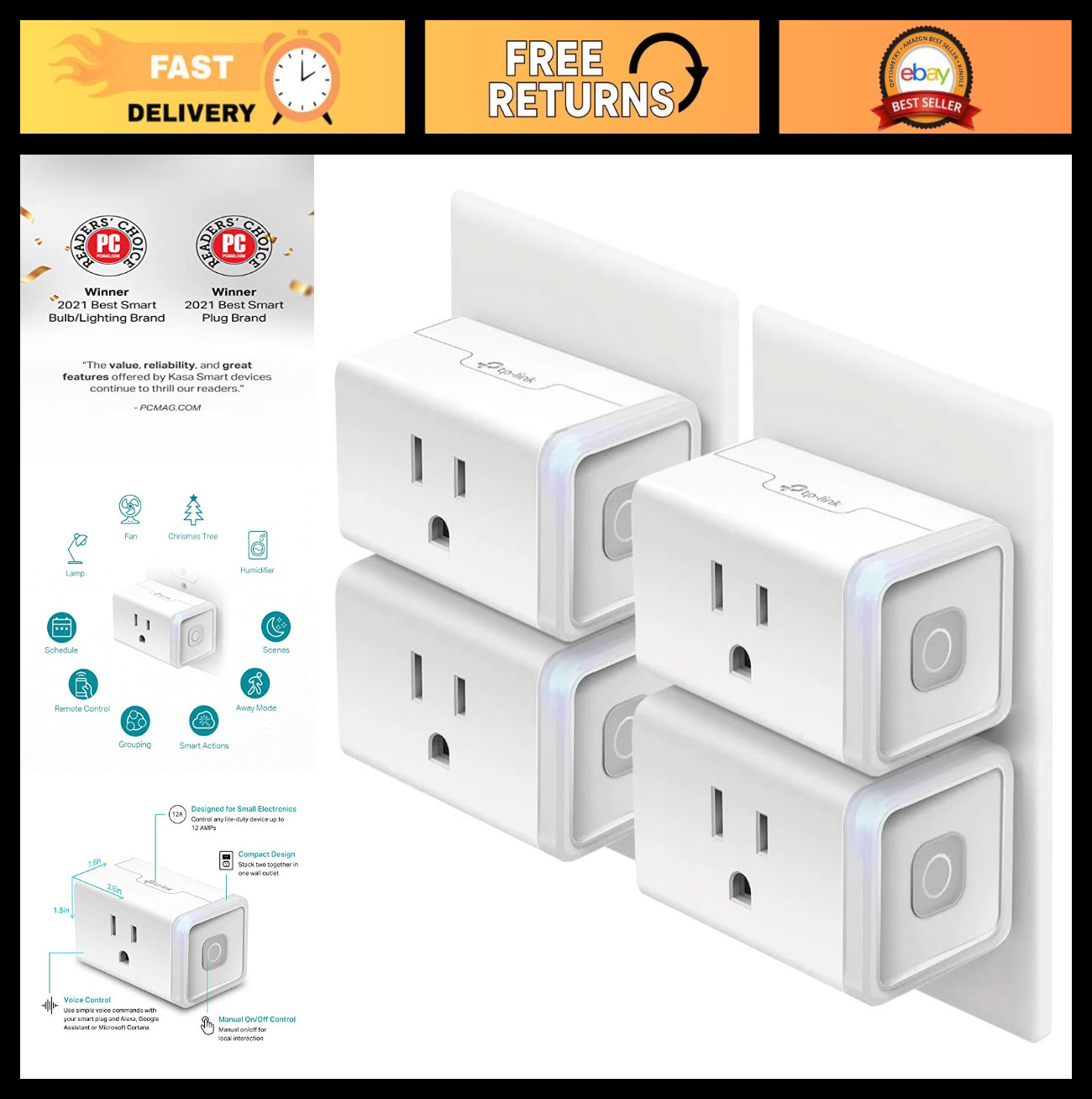 Smart Wi-Fi Plug 4-Pack, Works with Alexa & Google Home, Remote Control, 15 Amp,