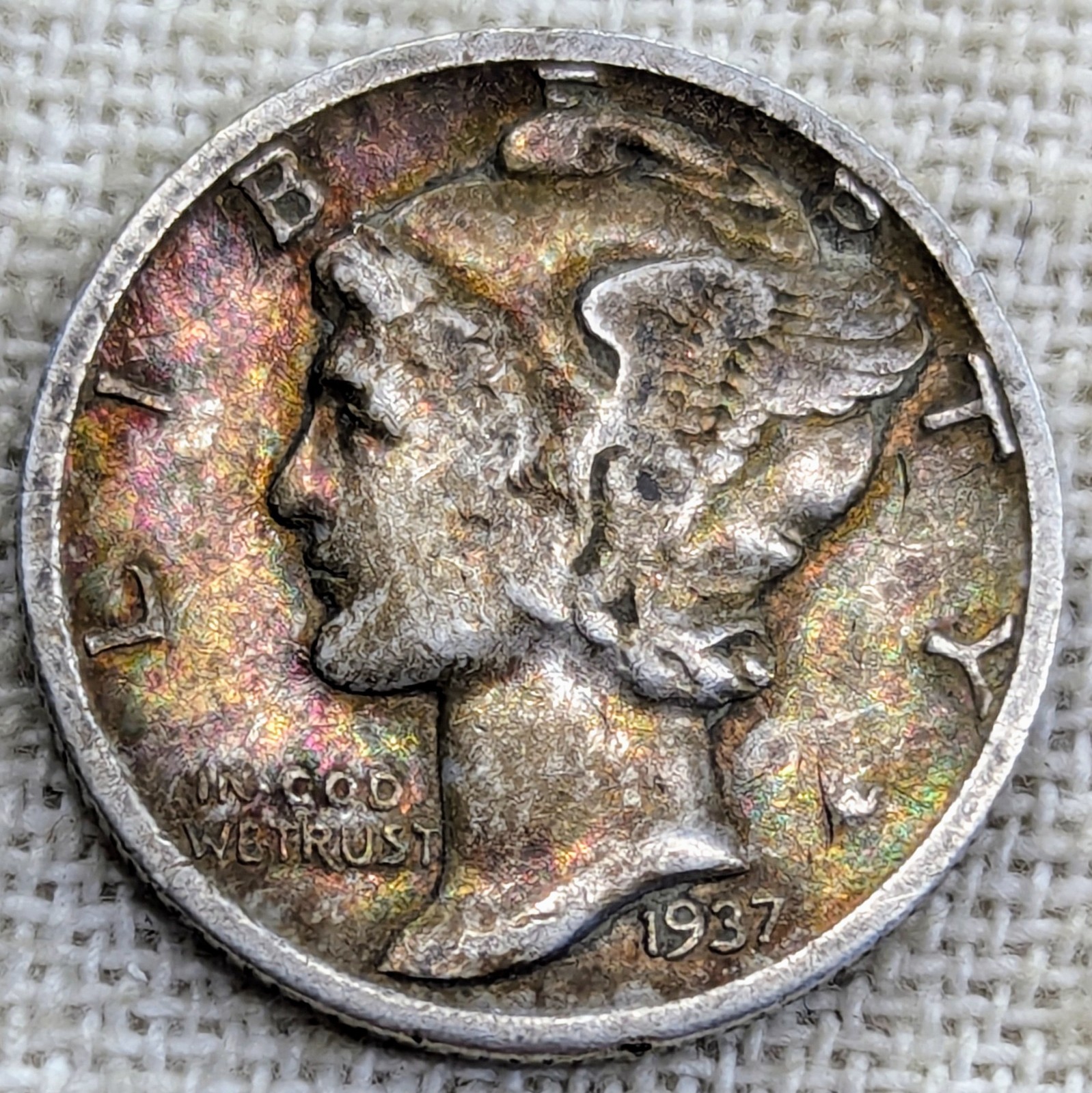 1937 Mercury Dime VF : Very Fine, Monster Tone - .9 Fine Silver Coin
